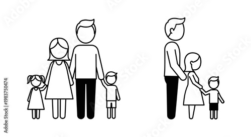 A minimalist vector illustration of two families with parents and children in a simple line art style