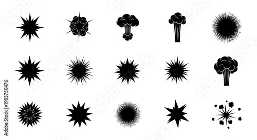 diverse black explosion and burst icons for graphic design and comic style
