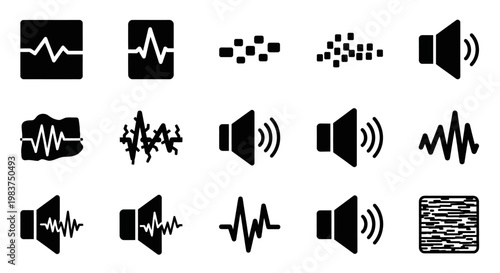 Sound wave, audio, speaker icons, black, vector set of 16