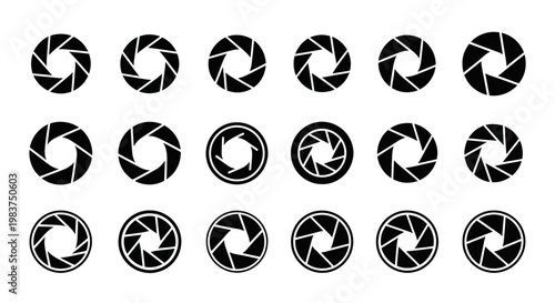 Camera shutter icons, black and white camera shutter symbols, photography shutter vector graphics, 15 shutter icon set