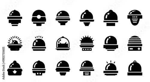 Black police siren light icons, emergency vehicle lights, warning signals, 20 vector graphics