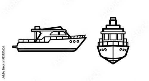 A minimalist vector graphic illustration of a yacht in two views