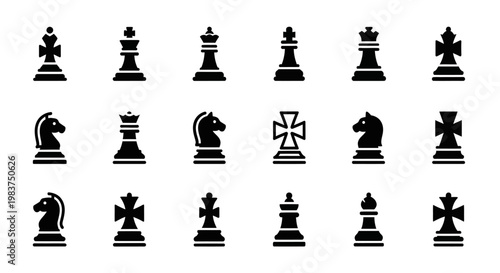 Chess pieces icons, black and white chessboard symbols, vector set of 16