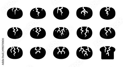 Cracked, broken, shattered icons, black and white, 15 vector graphics, symbols, damage, cracked surface