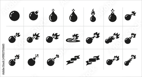 Bomb icons, explosion symbols, black vector set, 20 bomb illustrations, bomb graphics