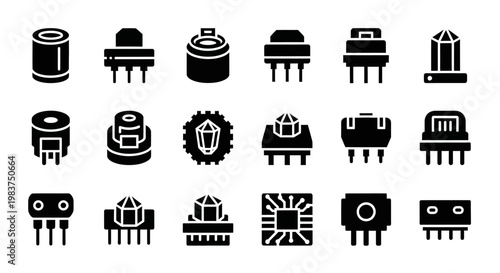 Electronic component icons, circuit board symbols, black and white vector graphics, 20 technology elements