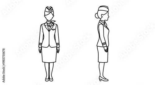 A minimalist line art illustration of a female flight attendant in uniform from front and side views