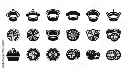 Black and white saucepan, pot, pan icons set, 20 kitchen utensil illustrations, vector graphics