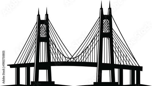 Cable Stayed Bridge Silhouette Illustration for Architectural Landmark Design and Urban Infrastructure Engineering Projects