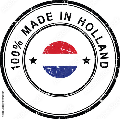 Distressed Made in Holland Circular Rubber Stamp with Netherlands National Flag Colors Isolated on White