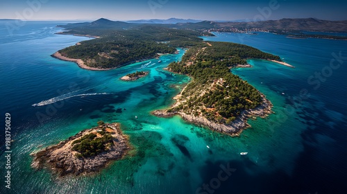 Aerial view of Croatian islands, turquoise water, and boats