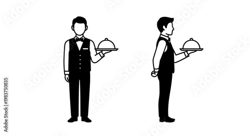 A minimalist vector illustration of two waiters in black and white serving food