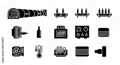 Industrial, machinery, equipment icons, 13 black and white vector symbols