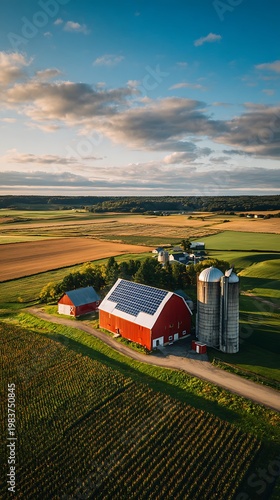 Aerial View of Farm with Solar Panels and Silos