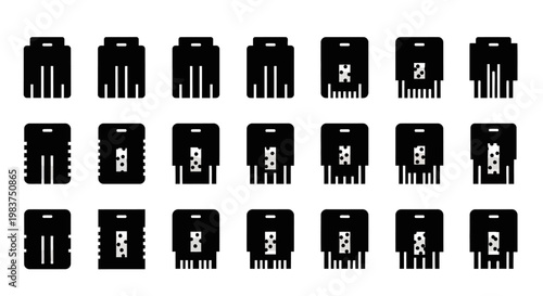 Black microchip icons, circuit board symbols, electronic components, 20 chip illustrations