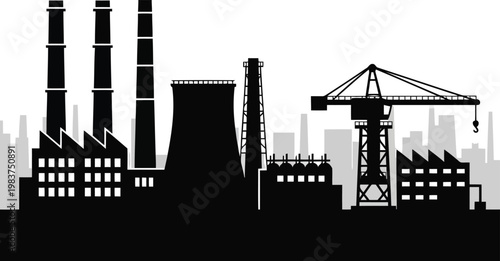 Industrial factory silhouette with chimneys cooling tower and construction crane for energy manufacturing concept