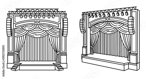 A minimalist vector illustration of a theater stage with curtains and a proscenium arch