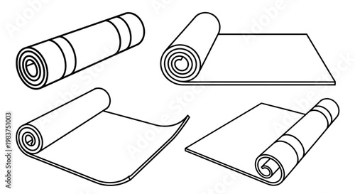 A minimalist line art illustration of rolled and unrolled yoga mats in a simple design