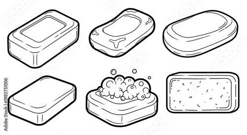 A set of six minimalist illustrations of soap bars in various states