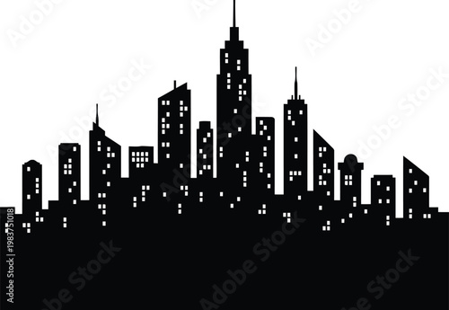 Modern urban cityscape silhouette vector illustration with skyscrapers and night window lights for graphic design
