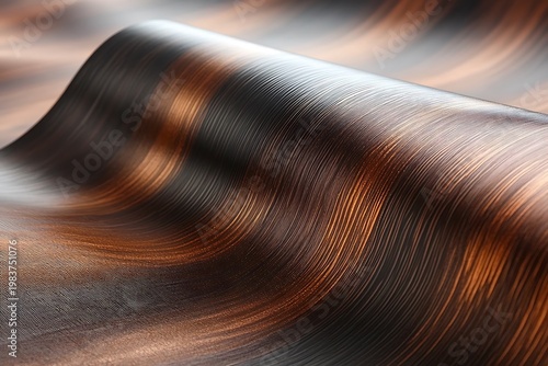 Curved abstract fabric shows patterns of black and bronze wavelike layers with a texture