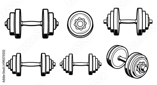 A set of dumbbells and weights in a minimalist line art style for fitness and workout designs