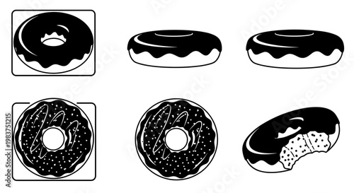 A set of six black and white donuts in various views and designs, including chocolate frosting and sprinkles.