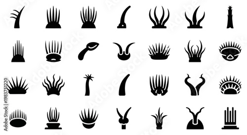 Black silhouette animal horn icons, set of 25 wildlife horns, animalistic symbols, black and white graphics