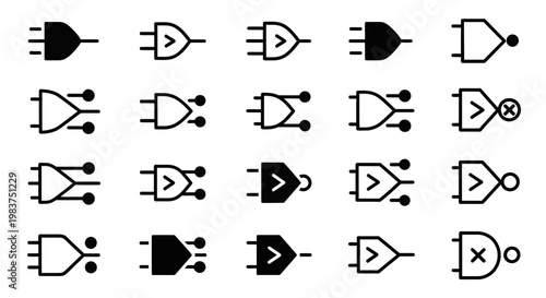 Electric plug icons, plug symbols, power connectors, electrical outlets, 20 black vector graphics