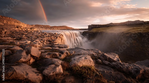 Dettifoss waterfall under moody sky with rainbow Iceland landscape