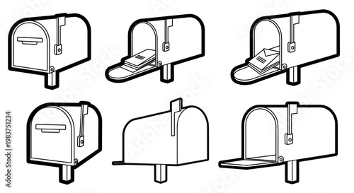 A set of six minimalist mailbox illustrations in various states of opening and closing