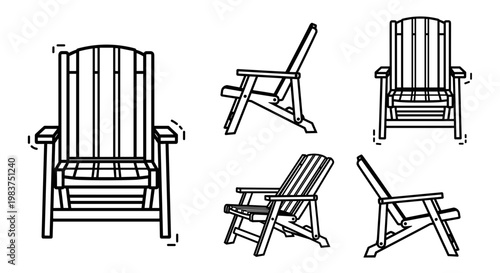 A set of five minimalist line art illustrations of wooden Adirondack chairs in different positions