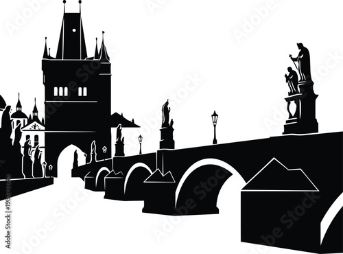 Charles Bridge Prague Silhouette Vector Illustration Black and White Iconic Czech Republic Landmark Travel Art