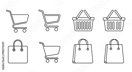 A set of minimalist shopping cart and bag icons in a flat design style