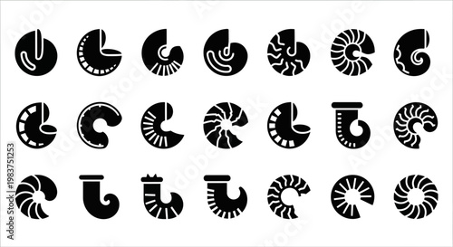 Nautilus Shell Icons, Black and White Nautical Symbols, Spiral Shell Shapes, Vector Graphic Elements