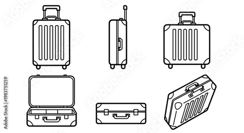 A set of six minimalist line art luggage icons in various orientations