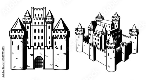 A black and white vector illustration of two medieval castles with towers and battlements