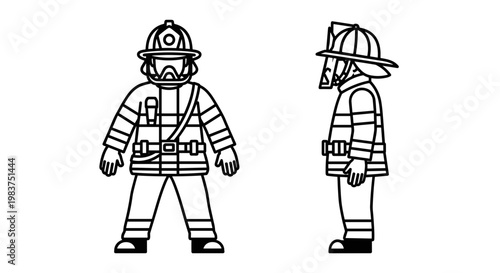 A minimalist vector illustration of a firefighter in full gear from front and side views