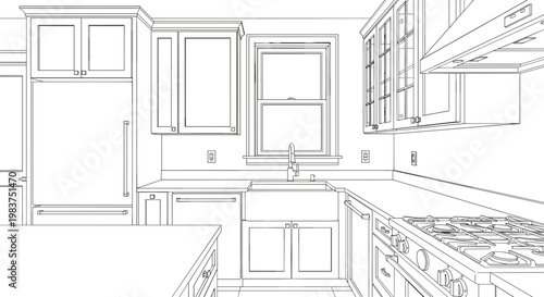 A minimalist line art illustration of a modern kitchen with sleek appliances and cabinetry