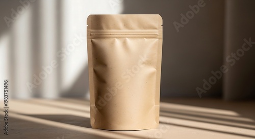 Kraft standing pouch on clay surface with natural light background, product photography for eco-friendly packaging branding and sustainable display