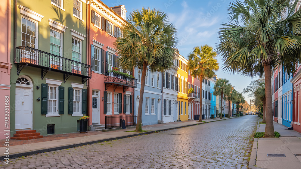 Obraz premium Rainbow Row Historic District Charleston South Carolina Colorful Houses Palm Trees Cobblestone Street