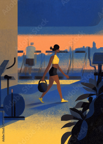 Evening workout editorial illustration with calm dedicated woman carrying kettlebell in atmospheric sunset gym