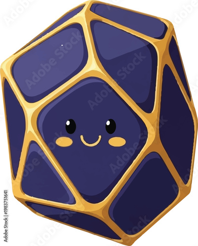 A charming purple polyhedral gaming die with shimmering gold accents and an adorable cheerful facial expression symbolizing luck adventure and playful fantasy within creative digital art compositions.