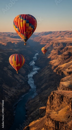 Hot Air Balloons Over River Canyon at Palouse Falls