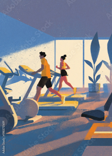 Active lifestyle editorial illustration with peaceful couple running on treadmills in bright modern gym