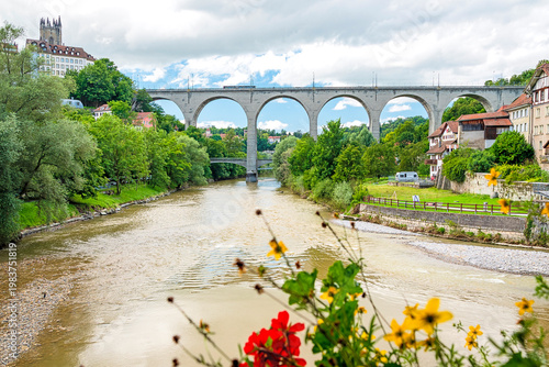Fribourg viaduct over Sarine river in Fribourg, Switzerland