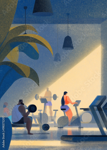 Fitness center editorial illustration with dedicated people using gym equipment in atmospheric warm light