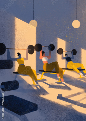 Fitness and strength editorial illustration with focused women lifting barbells in a warm sunlit gym