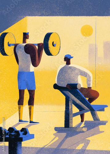 Strength training editorial illustration with motivated men lifting weights in a sunny modern gym