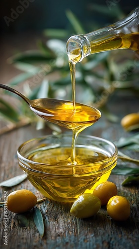 Olive oil pouring, spoon, bowl, fresh olives still life